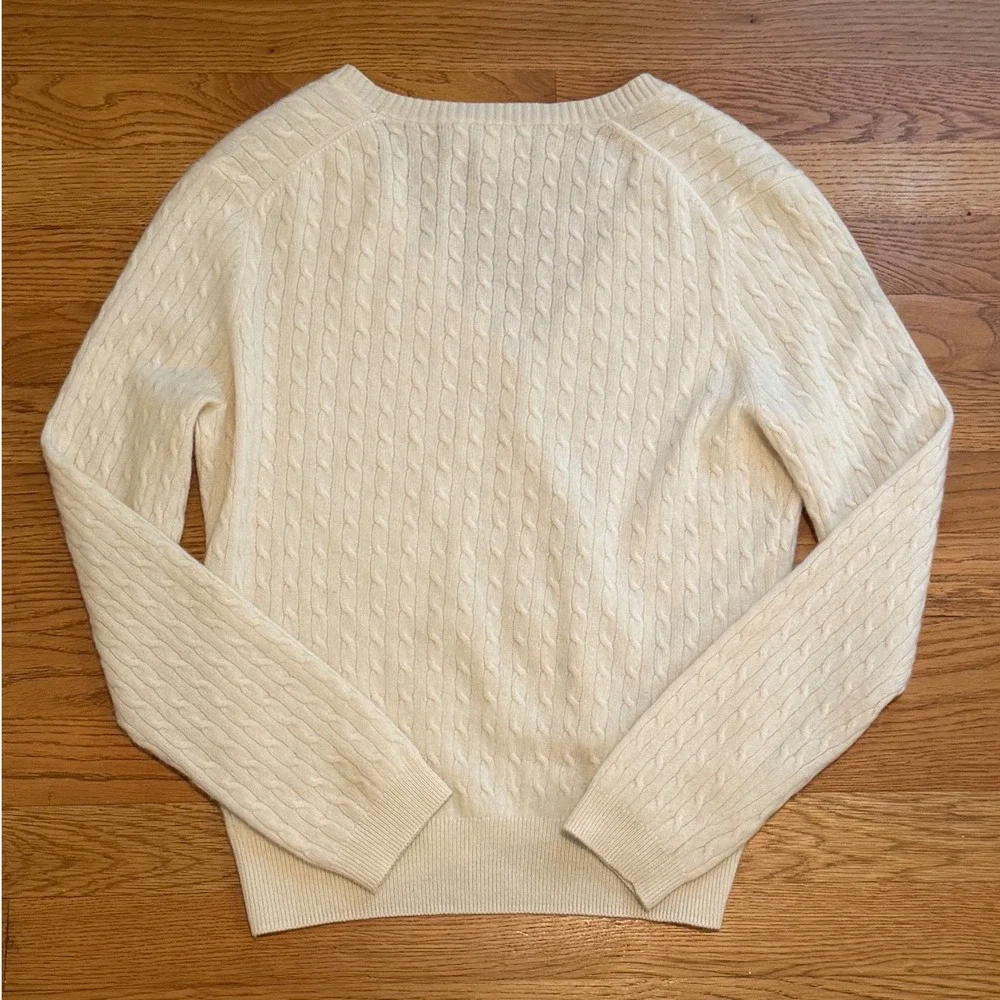Peck & Peck Pure Cashmere Cable Knit Cardigan Cream Ivory V-Neck Sweater Medium